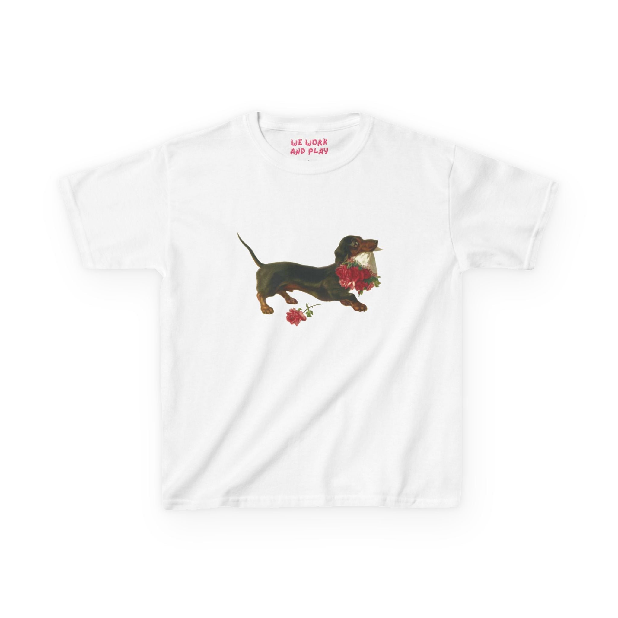White t-shirt with a dachshund graphic and text on a white background